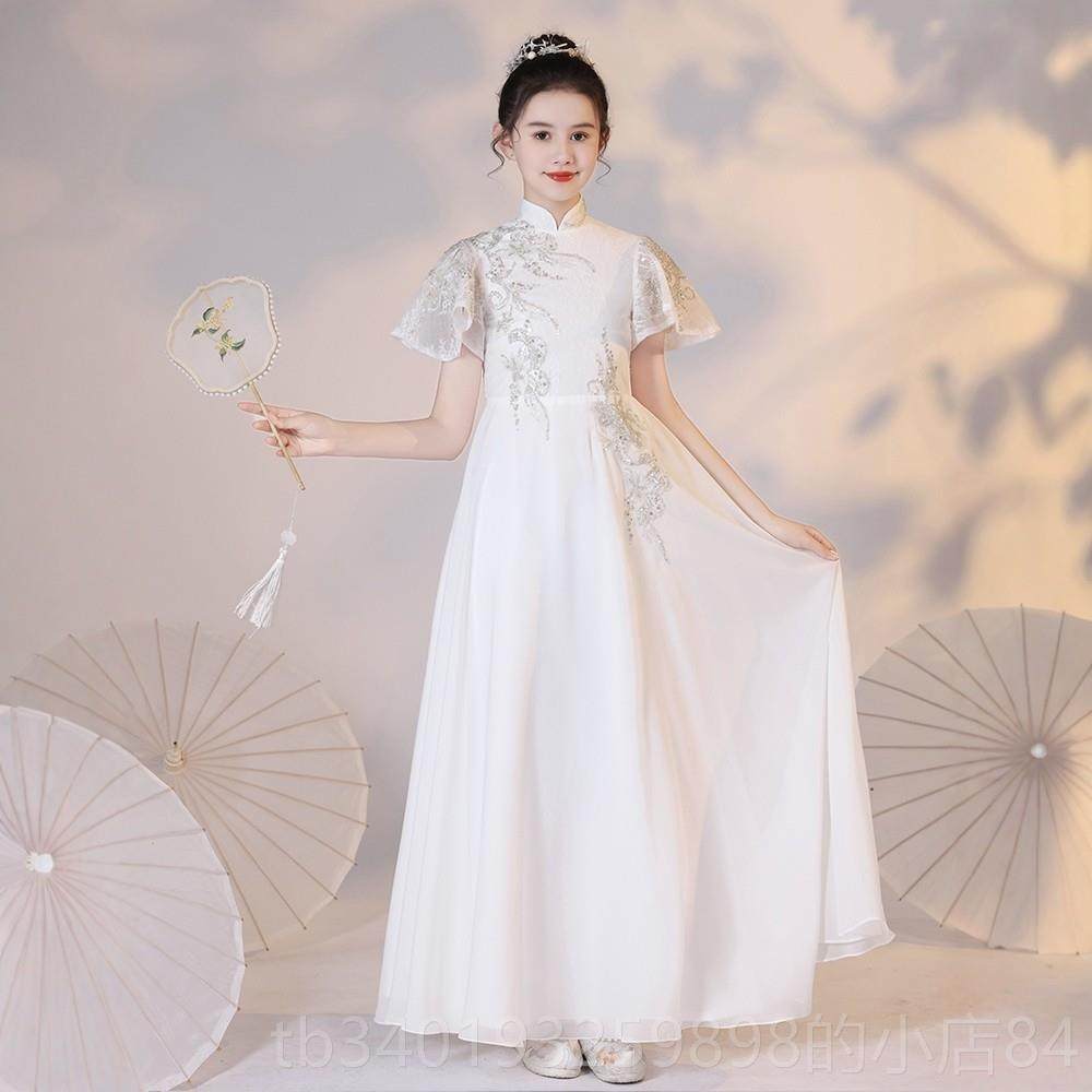新款2025新款儿民童礼服白色童中式旗袍花女童演弹古筝演出服乐奏