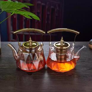 家用高硼硅耐热烧茶壶菱形茶壶铜把提梁壶围炉煮茶两用钢漏壶茶壶