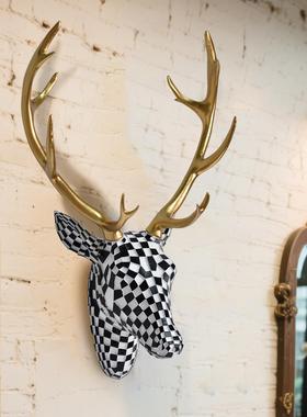 爆款马赛克鹿头壁挂动物头雕像方格鹿角挂件家居摆件客厅玄关装饰