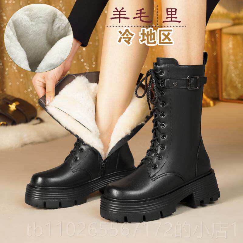 新款冬加绒毛棉厚底防水台马丁靴女士真棉皮棉鞋女式皮鞋妈妈靴中