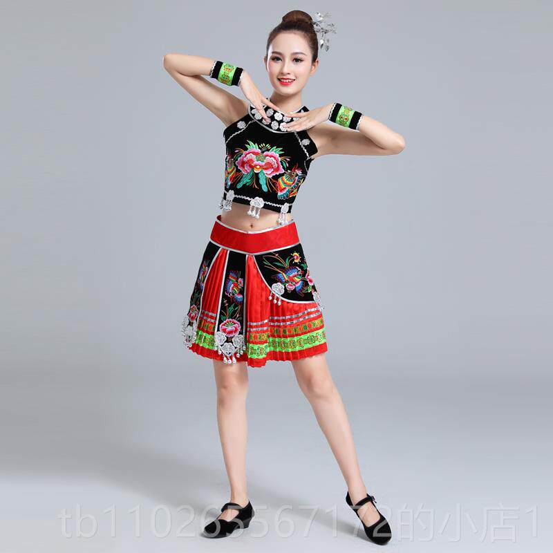 新款苗族服装女舞蹈演出服少族数民服族表演服饰族土家黎族衣苗短