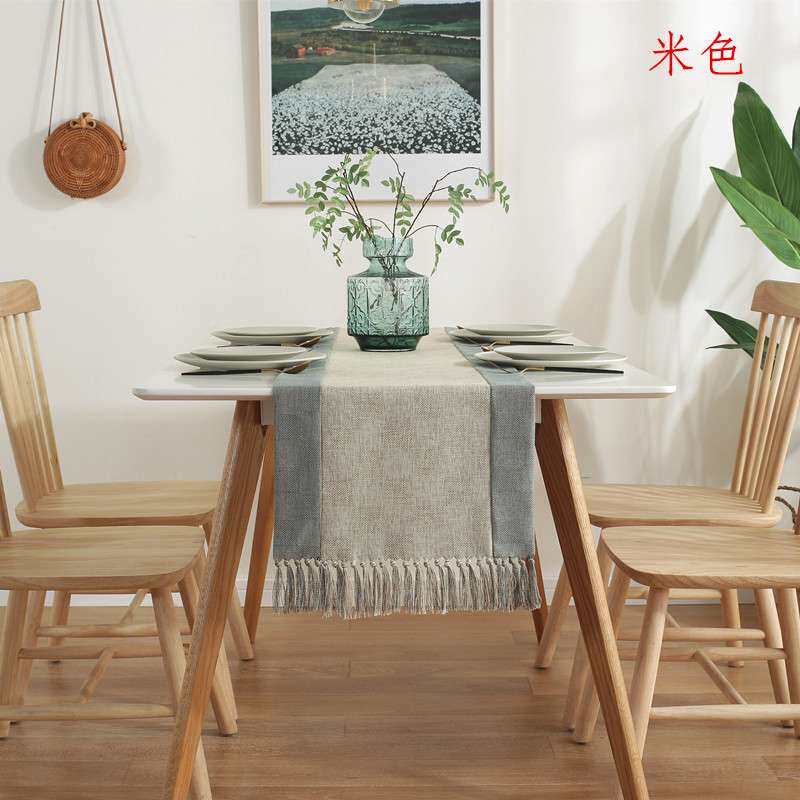 跨境新款纯色棉麻北欧风仿棉麻桌旗酒店民宿用茶席茶几旗流苏床旗
