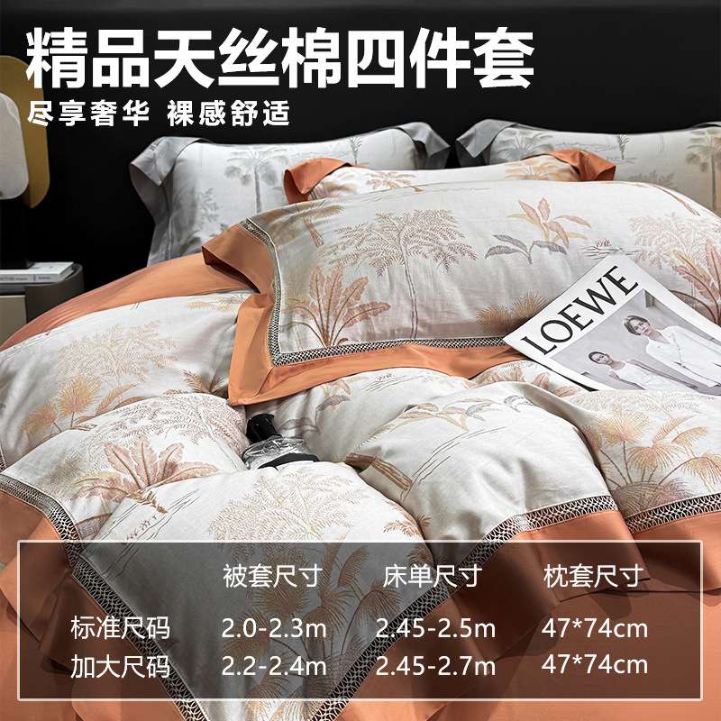 爆款A类母婴级天丝四件套可水洗印花冰丝床单被罩床上用品1件代发