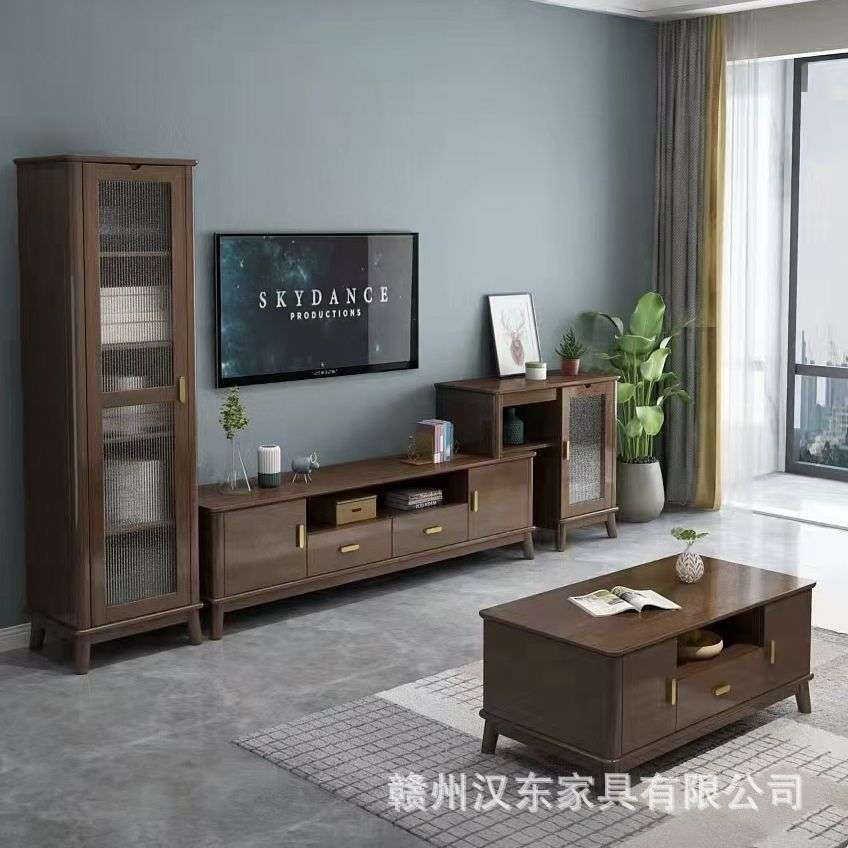 实木长条电视柜茶几组合现代高款边柜客厅中式收纳储物柜伸缩组合