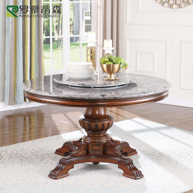 美式实木带转盘天然大理石餐桌欧式圆形餐桌椅组合大圆桌家用高端