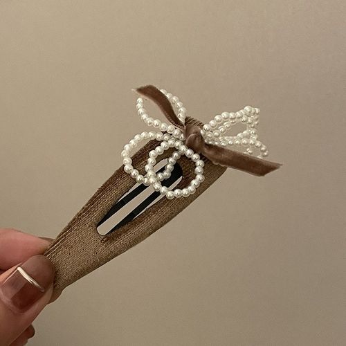 丝绒温柔~珍珠蝴蝶结发夹甜美时尚侧边刘海碎发夹女咖色发卡头饰