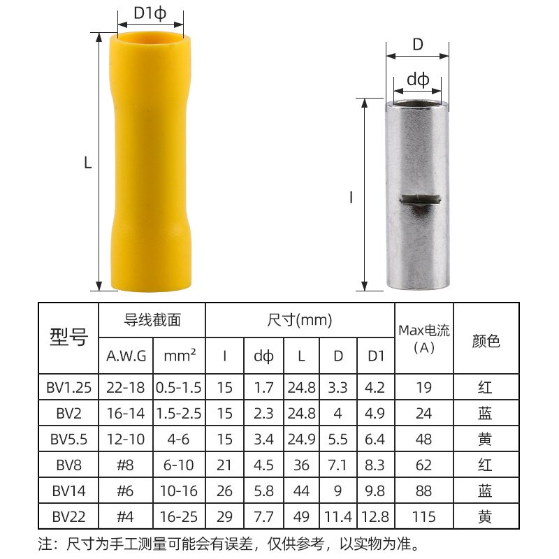 管型全绝缘中间对接管BV1.2冷/2/5.5/85压接线端子电线连接器接头