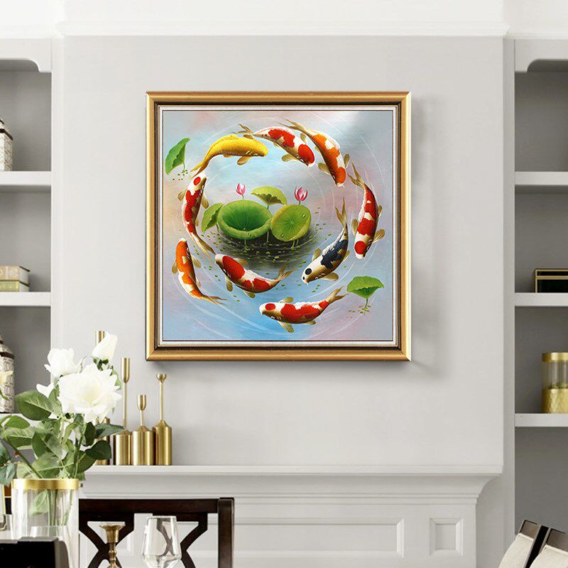 九鱼图油画餐厅挂画入户招财客厅风景玄关装饰画圆形荷花鲤鱼手工