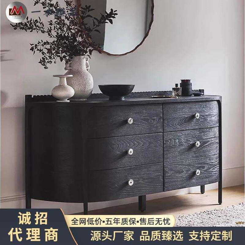 美式轻奢实木斗柜简约黑色装饰柜法式乡村复古六斗柜实木餐边柜