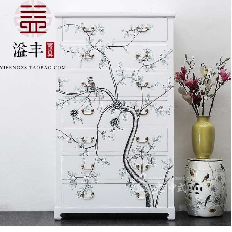 新古典中式手绘斗柜玄关门厅储物卧室柜收纳柜 彩绘酒店家具定制