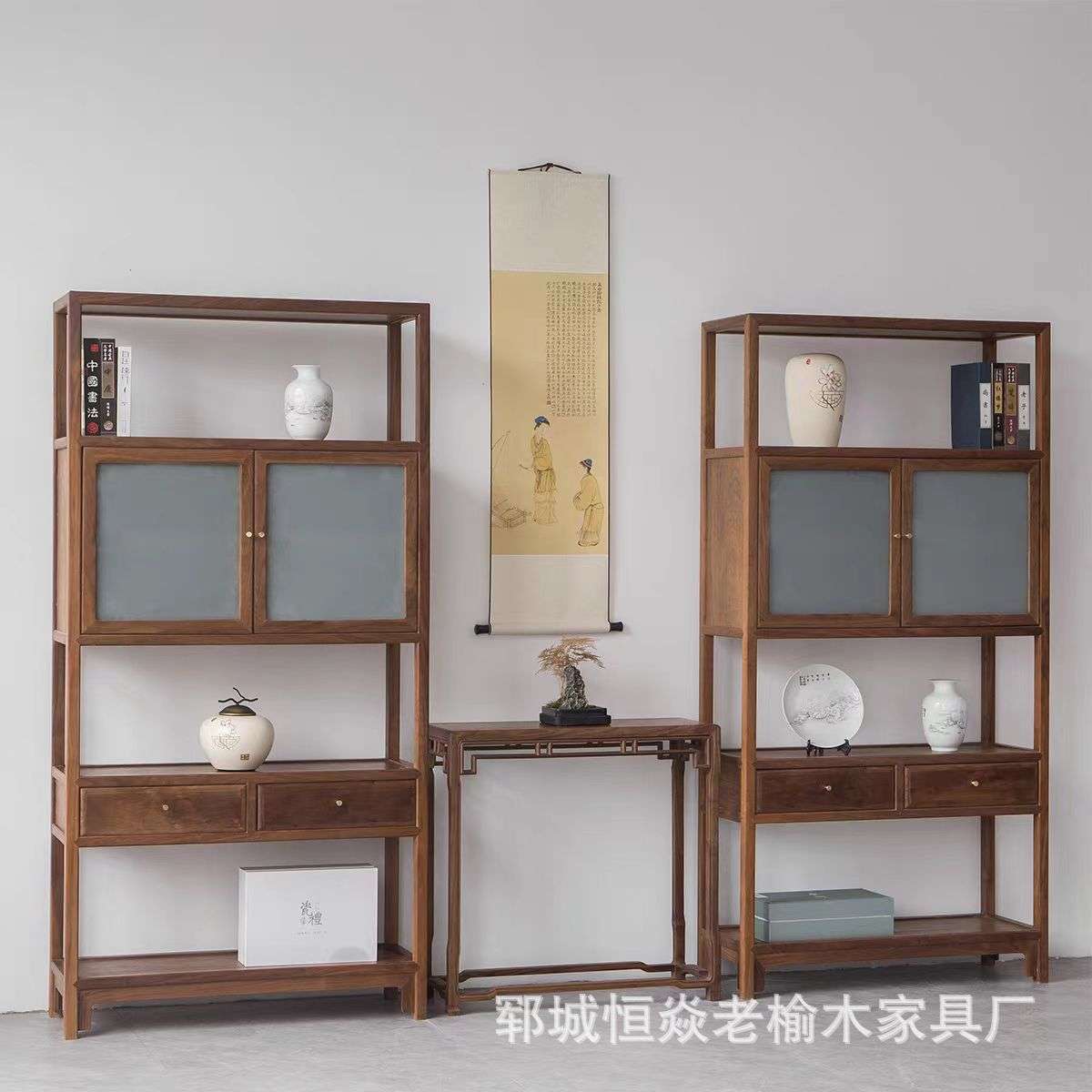 复古老榆木博古架双柜门简约书架禅意玻璃门书柜仿古榆木家具