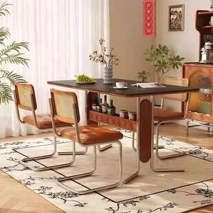 法式复古岩板餐桌长方形餐桌椅现代小户型家用民宿布伦特实木饭桌