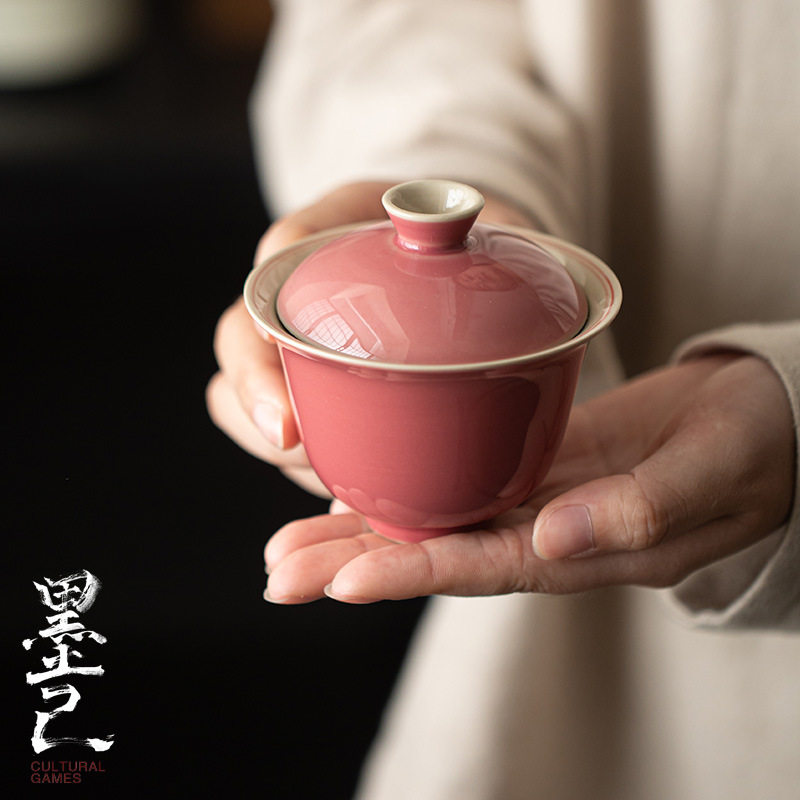 墨己浅豆红仿古陶瓷盖碗双线手绘豇豆红防烫家用茶具泡茶碗