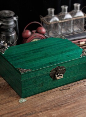 竹盒子复古带锁木盒竹木收纳箱木箱收纳木质实木储物箱子盒箱绿色