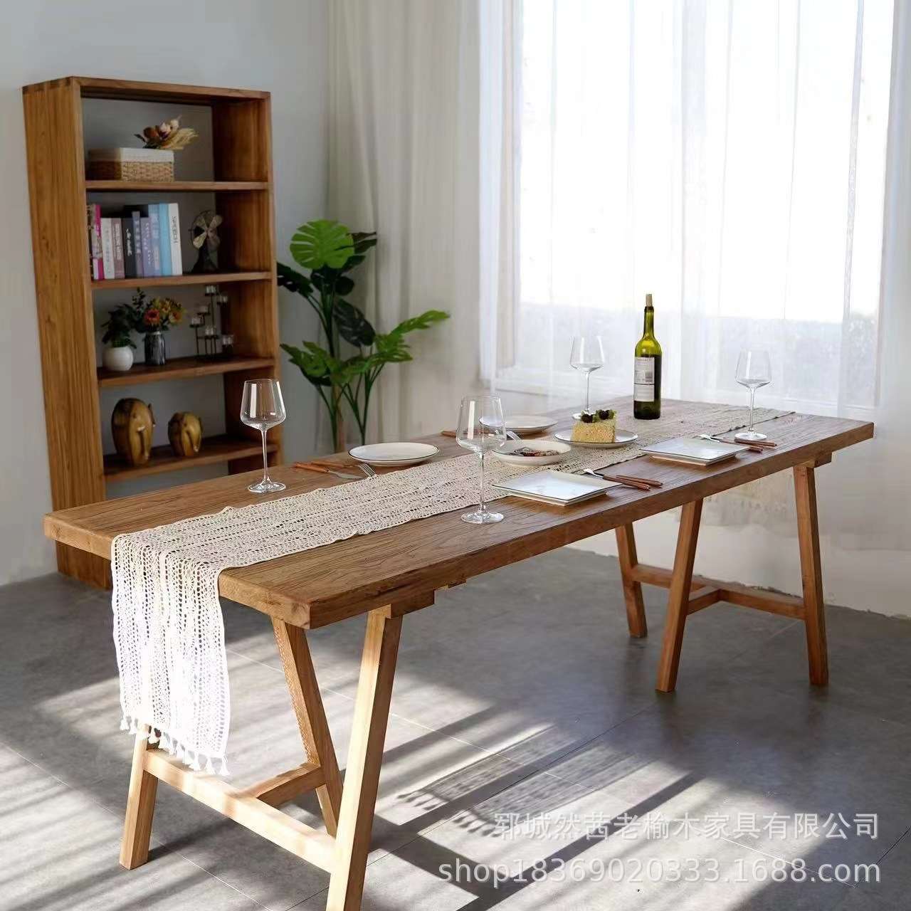 中式老榆木茶桌实木长方形门板餐桌家居简易喝茶办公桌椅实木茶桌