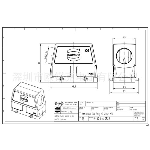 HARTING浩亭 用于工业连接器的标准上売/底座 19300160527