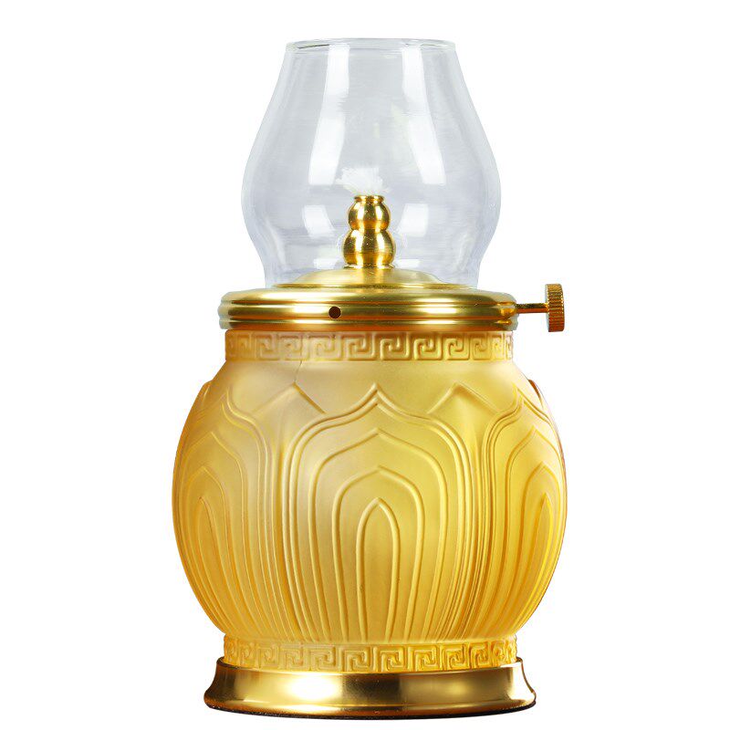 仿琉璃浮雕莲花液体酥油灯灯盏家用供奉礼佛招财摆件防风玻璃油灯