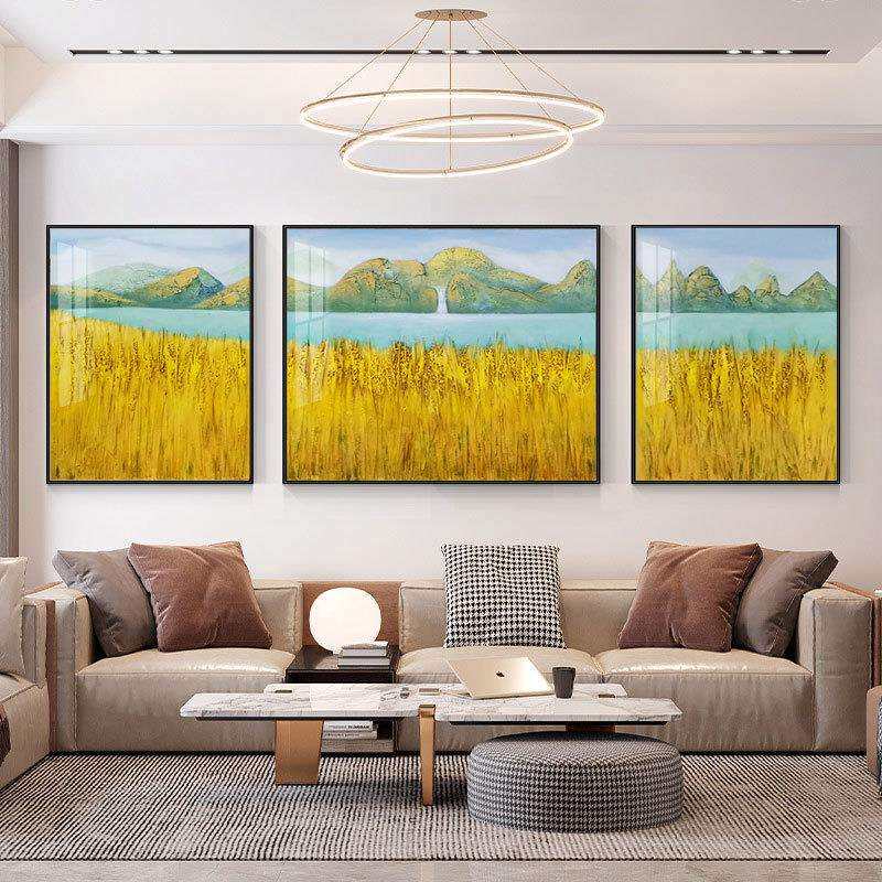 纯手绘海岸黄金麦装饰画沙发墙挂画现代三联立体肌理风景油画背景