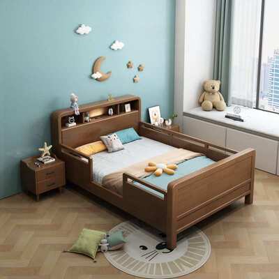 全实木老年床带护栏病床护理床单人床带扶手老年人生病防跌倒木床