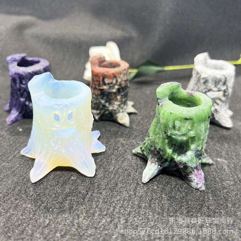 厂家直发天然水晶石雕刻树桩树洞工艺品 原石类家居桌面装饰品