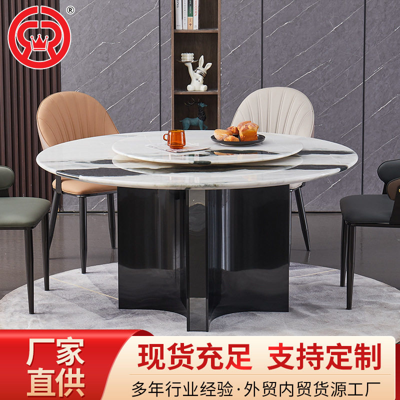 带转盘餐桌奢石亮面岩板圆桌简约家用圆形餐台超晶石客厅吃饭桌子