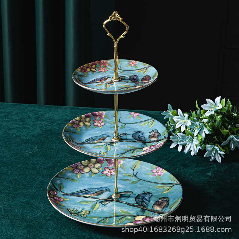 跨境出口欧式骨瓷两层三层创意点心盘甜品盘水果盘高颜值陶瓷家用