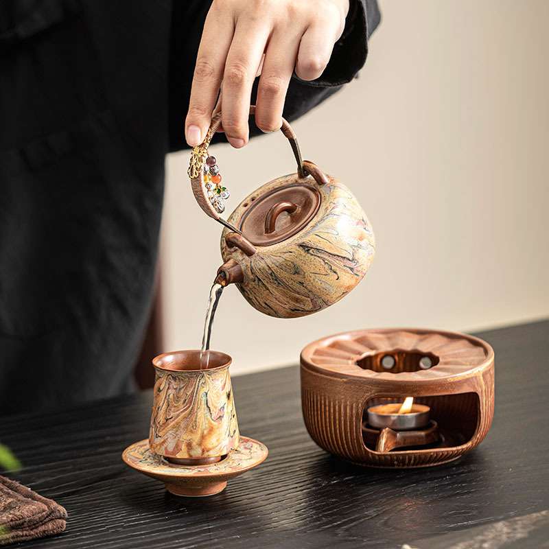 敦煌文创油画提梁壶温茶套装蜡烛加热保温茶壶底座中式复古暖茶炉