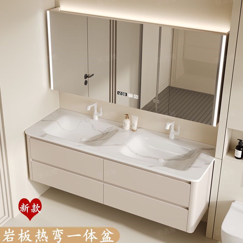 热弯岩板一体双盆实木浴室柜组合洗手台洗手洗脸盆可丽耐橡木烤漆