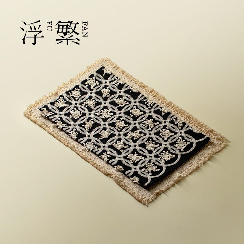 浮繁高端手工刺绣茶席流苏茶巾轻奢干泡席桌布泡茶道配件隔热桌垫