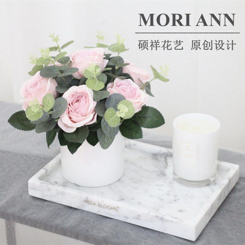 仿真装假尤加利叶陶摆件搭配套玫瑰花绢花家居瓷瓶餐桌茶几装饰