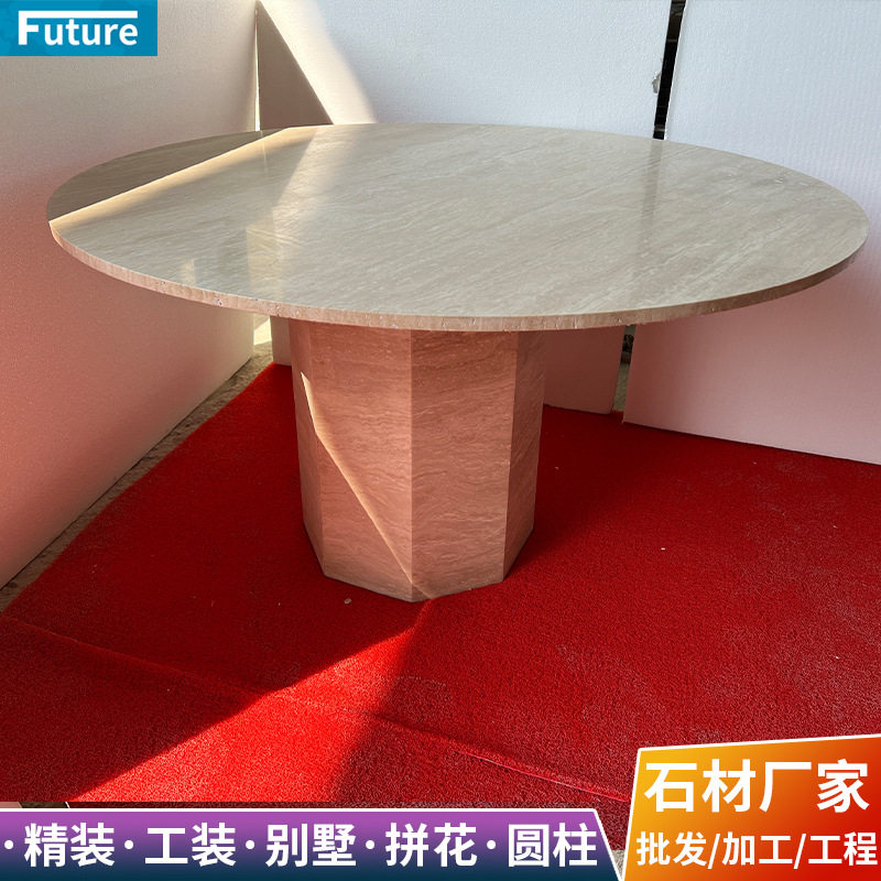天然米白洞石台面餐桌圆形桌装饰柜台面和餐桌子茶几吧台面石材