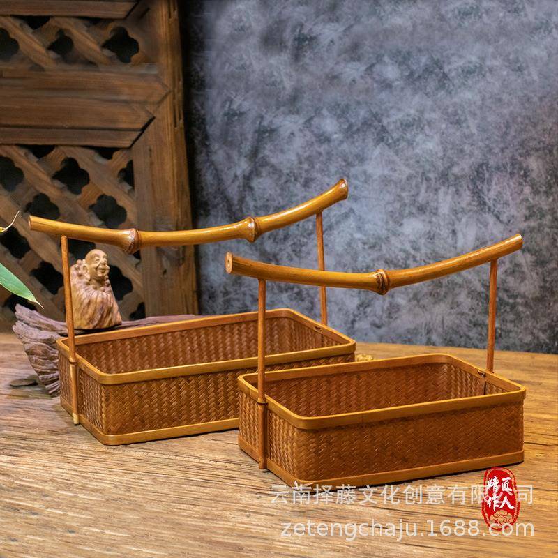 手工竹编大漆圆形方形提篮茶具收纳盒筇竹茶叶包装云南特色手工艺