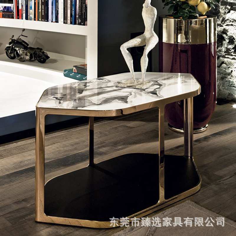 LONGHI意式奢华不锈钢大理石角几现代轻奢客厅多边形边几高端家具