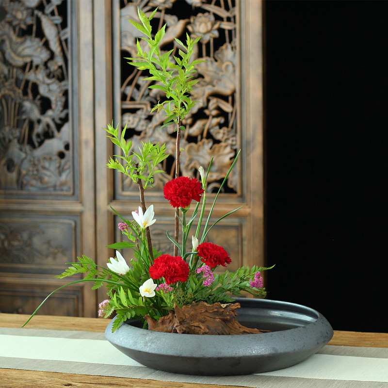 陶瓷大花盆水培写景插花新中日式花道花器剑山插花盘