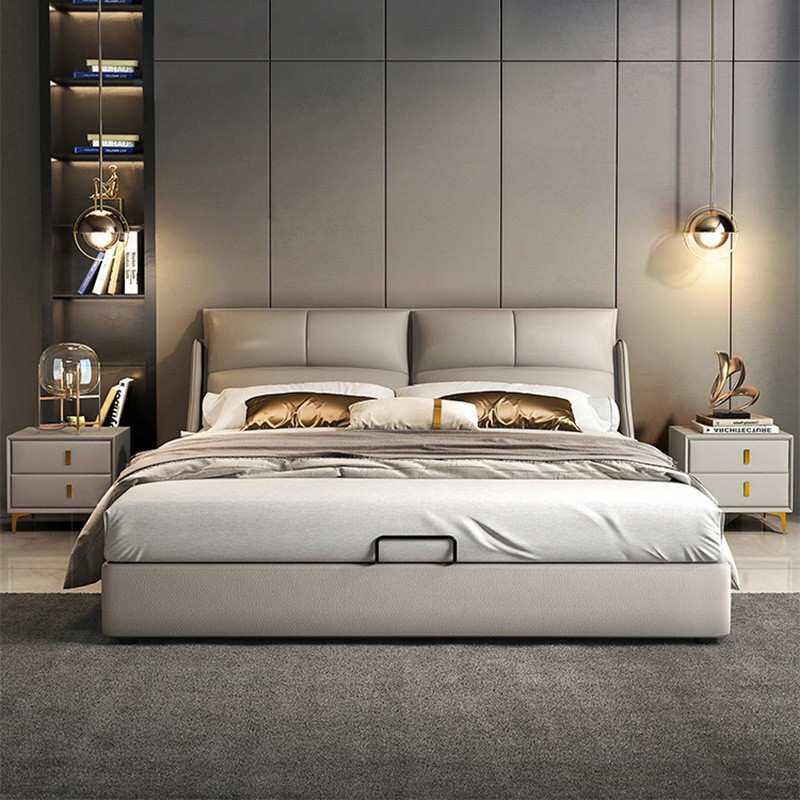 意式轻奢软体床双人床简约主卧大床婚床新款极简软包大靠背皮艺床