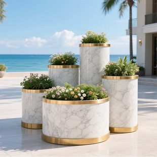 定制户外不锈钢花箱大理石纹铁艺成品花箱圆筒景观花池种植槽