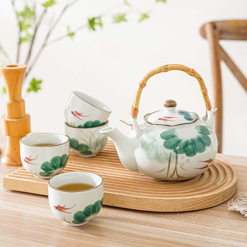 纯手绘釉下彩茶具套装高温陶瓷泡茶壶荷叶鱼茶壶茶杯子礼品功夫茶