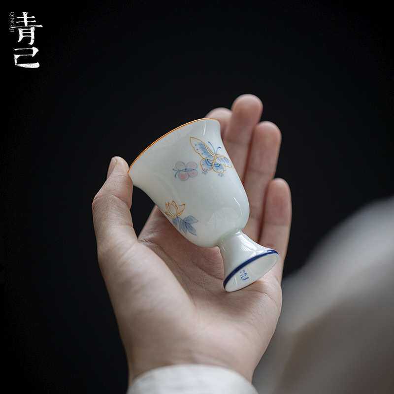 青己 仿宋高足手绘蝴蝶品茗杯 聚香茶杯闻香杯家用文人青花单杯