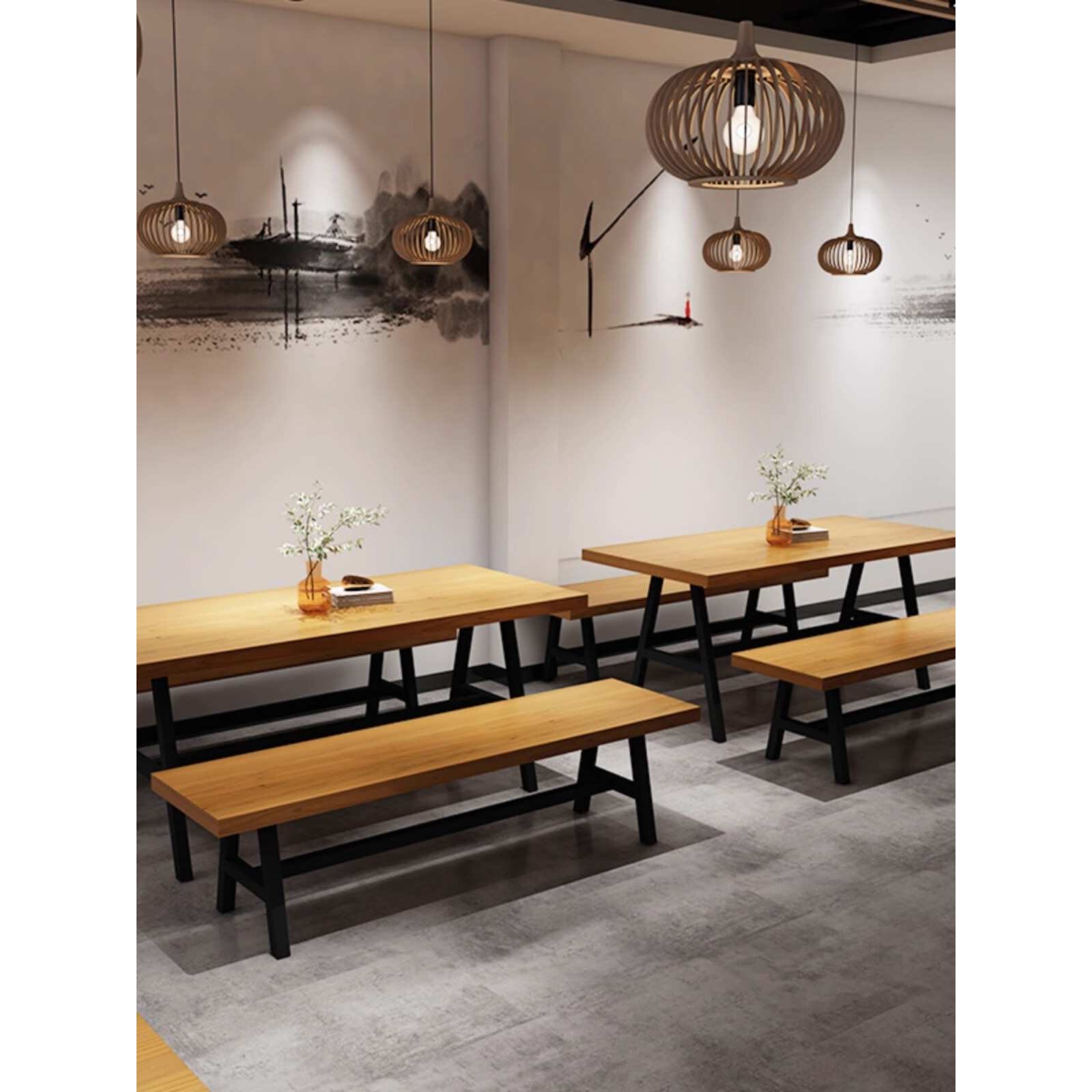 复古实木长条桌椅组合loft美式餐厅咖啡厅酒吧烧烤火锅店餐桌长凳