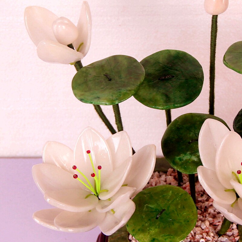 中式风装玉石白荷花仿件摆真莲花盆景家居格饰客厅佛堂供奉佛前花