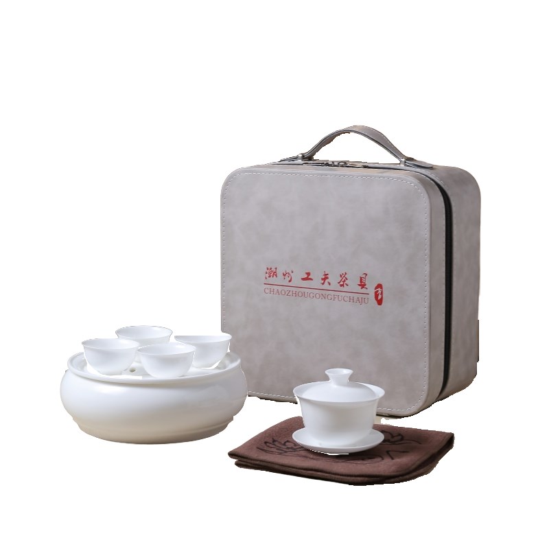 潮州高端工夫茶具高温白瓷祖母绿龙泉釉盖碗杯子高骨旅行套装