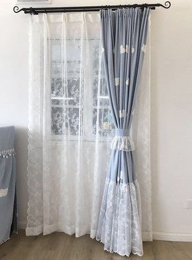 简约韩式风格百搭款儿童房蓝色云朵样版间遮光窗帘成品定制