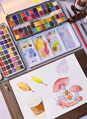 Ginflash固体水彩颜料24/90色学生美术国画水彩套装珠光荧光美甲