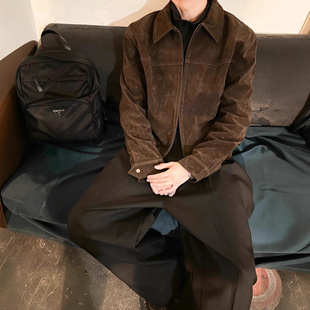SWYH INTENT巴恩夹克深咖仿牛绒复古翻领麂皮正肩版型外套男女