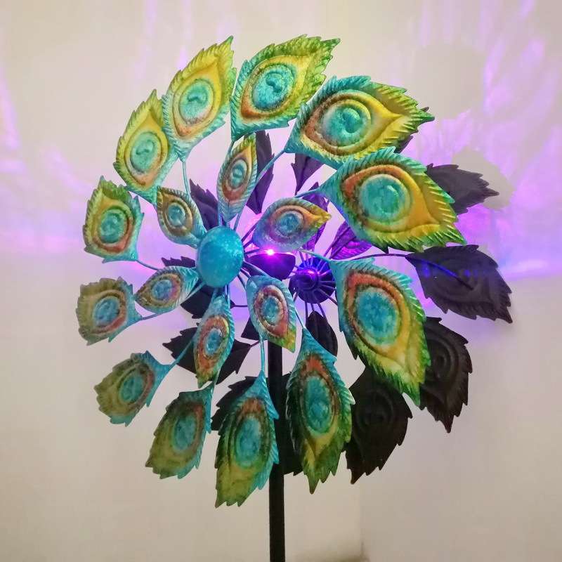 外贸欧美风能转动新款户外花园草坪插件彩绘孔雀花园铁艺金属风车