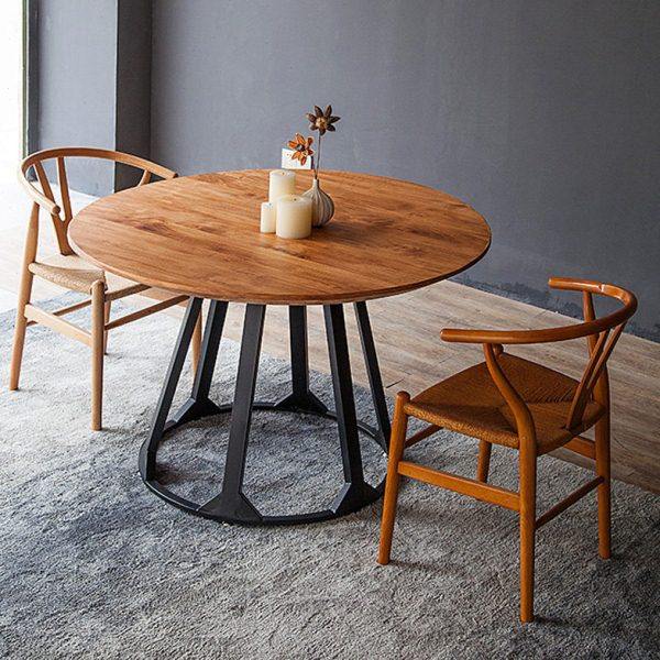 简约实木圆形餐桌 酒店餐厅火锅店铁艺餐桌椅 家用多人吃饭圆桌