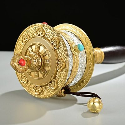 藏式纯铜手摇转筒家用立体浮雕转筒双轴承桶实木摆件随身金银色