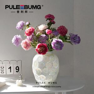 普利邦法式浮雕艺术水晶玻璃客厅插花摆件装饰欧式高级感银莲花瓶