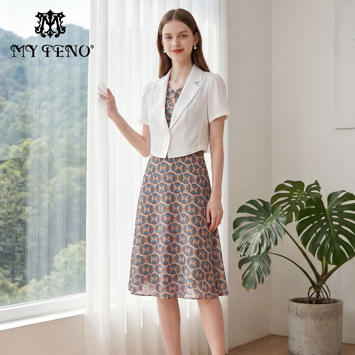 马天奴2026春夏新款白色短袖西装短款外套印花连衣裙子两件套装女