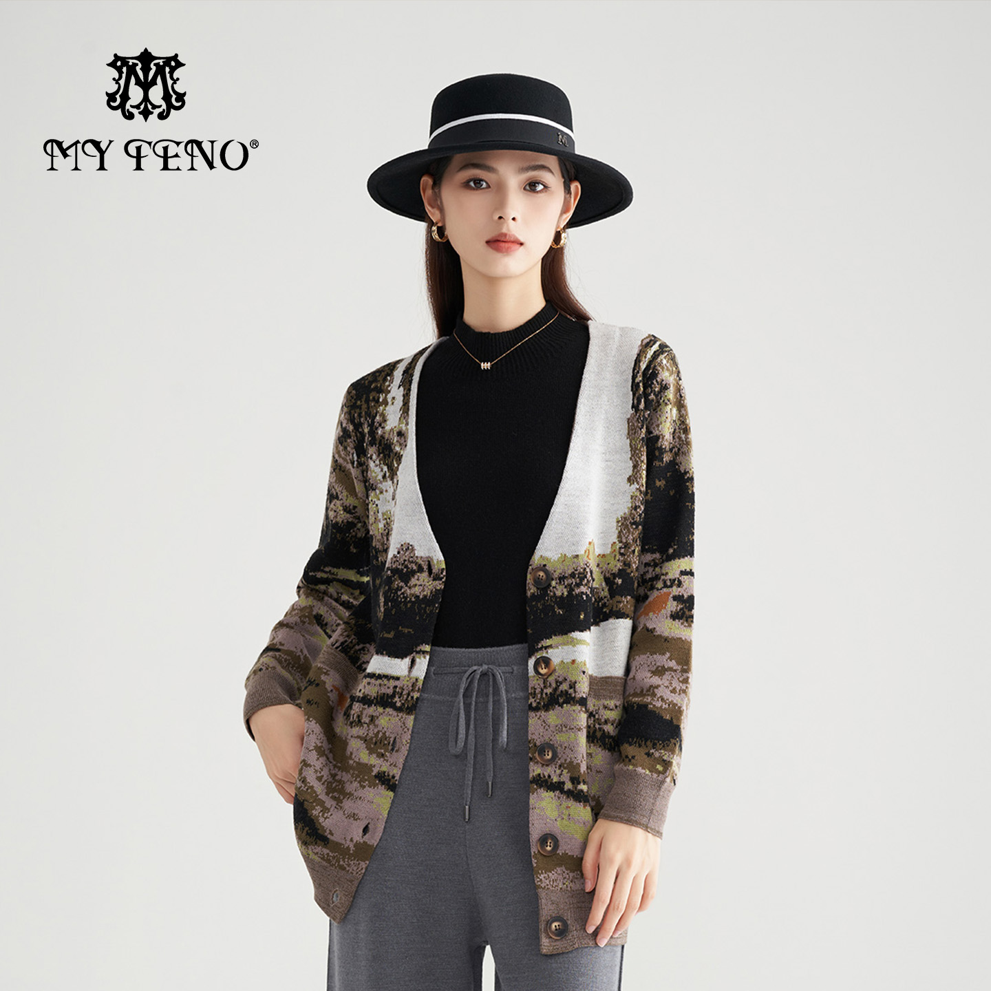 马天奴绿色V领绵羊毛针织开衫